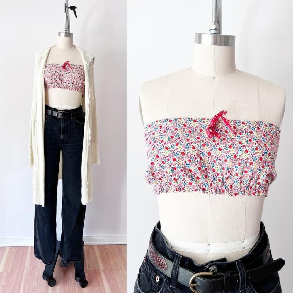 Bandeau Crop Top Multicolor‎ Floral Ditsy Print Cotton Bow Detail